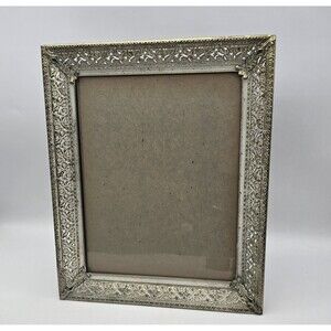 Vintage Photo Frame Metal Gold White Ornate Easel Hanging  Mid Century Filigree